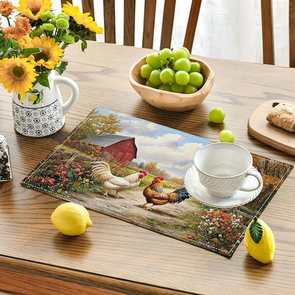 Farmhouse Rooster Placemats Set of 6, Farm Chicken Place Mats, Rustic Farm Coop Waterproof Washable Table Mats for Home Party Indoor Kitchen Dining Table Decoration 12x18 Inch