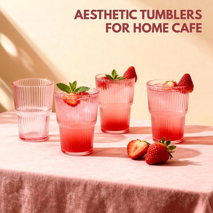 Pink Ribbed Drinking Glasses, 14 fl oz Glass Cups Set of 4 | Aesthetic Style - Image 7