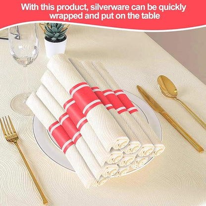 Germiwipe Red White Striped Paper Napkin Bands Self Adhesive - 500 Pcs 1.5x4.25 Inches Silverware Wraps Band Disposable Paper Napkin Rings for Restaurant Wedding Party Home Outdoor Holidays