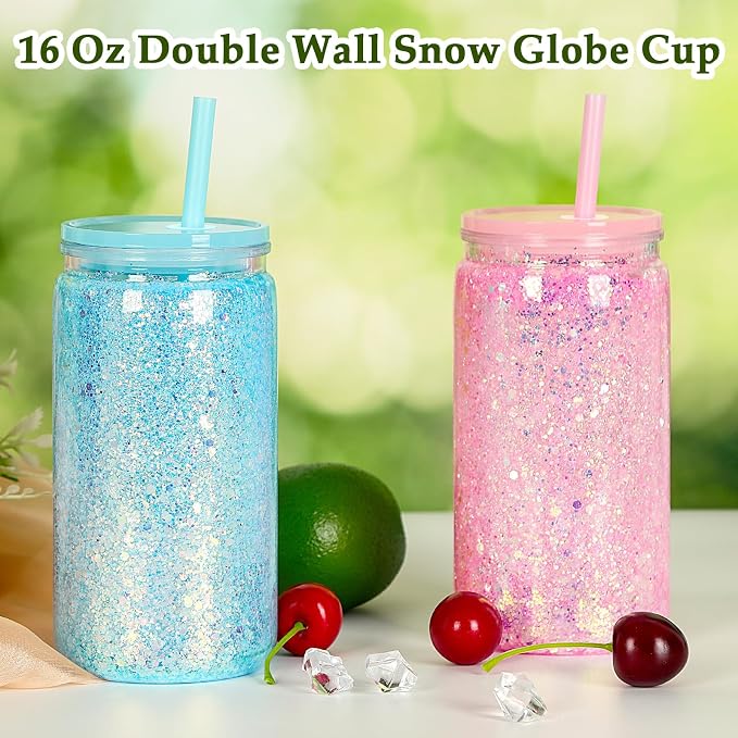 6 Pack 16 Oz Plastic Snow Globe Tumbler, Snowglobe Cups, Colorful | Pre Drilled - Image 2