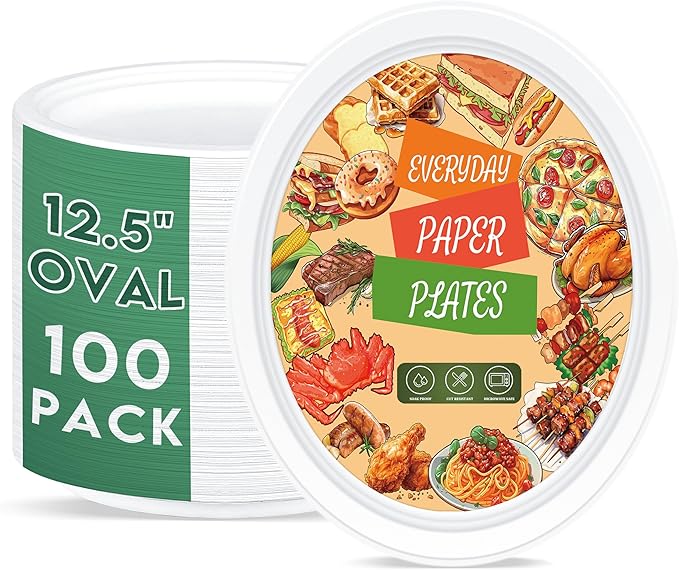 100% Compostable Oval Paper Plates 12 inch Bulk 100 Count, Heavy Duty Large Disposable Plates, Eco-Renewable Sugarcane Pulp Plates for Party,Dinner& Daily Use, White