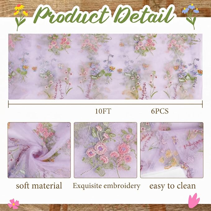 Purple Floral Table Runner 10ft Embroidery Tulle Spring Wildflower Gauze Table - Image 3