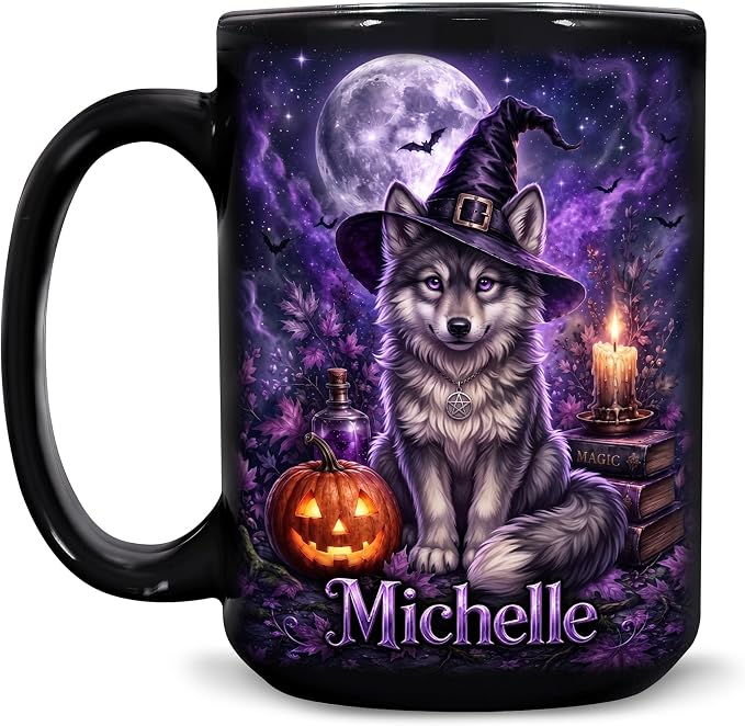 Hyturtle Personalized Halloween Wolf Mug, Custom Name Gift by Hyturtle