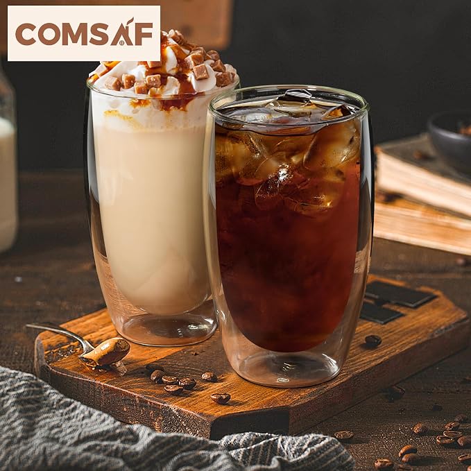 ComSaf 15oz Double Wall Glass Coffee Mugs, Insulated Latte Cups Set of 2 - Image 4