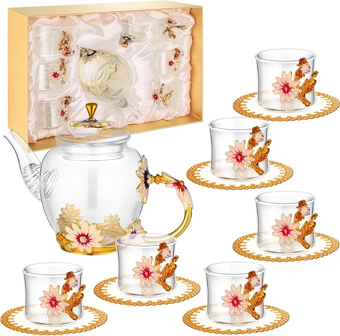 7 Pcs Floral Tea Set for Women, Vintage Flower Teapot Set by PYQTH
