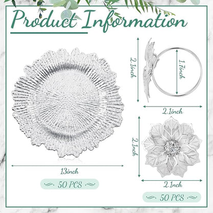 Dandat 100 Pcs Charger Plate Bulk 13'' Floral Reef Plates with Napkin Ring Plastic Dinner Charger Hollow Out Flower Napkin Holder Plastic Plate for Table Setting Wedding Party (Silver)
