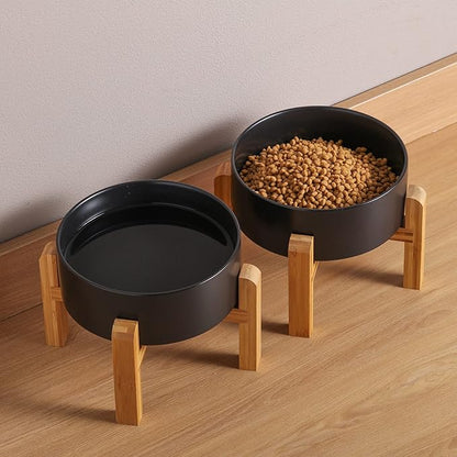 Black Elevated/Raised Dog Bowl Ceramic with Wood Stand for Medium Large Breed,Dog Food Water Dish Heavy Weighted,8 in Non Slip Modern Cute Porcelain Pet Bowl Extra Large