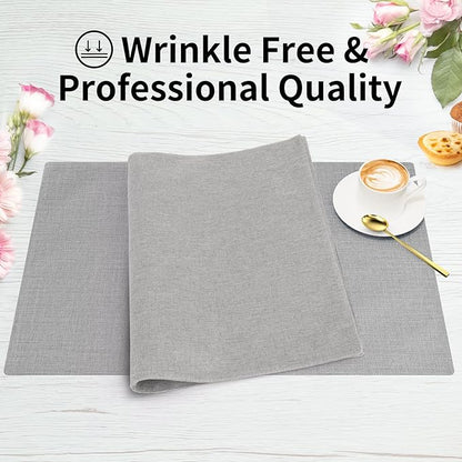 Cloth Placemats, Set of 6 Heat-Resistant Cotton Linen Blend Double Layered Machine Washable Place Mats, Wrinkle Free Thick Fabric Dining Table Mats for Indoors & Outdoors (Light Grey, 6)