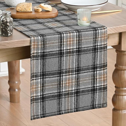 Artoid Mode Grey Brown Farmhouse Plaid Retro Table Runner, Rustic Holiday Check by ArtoidMode