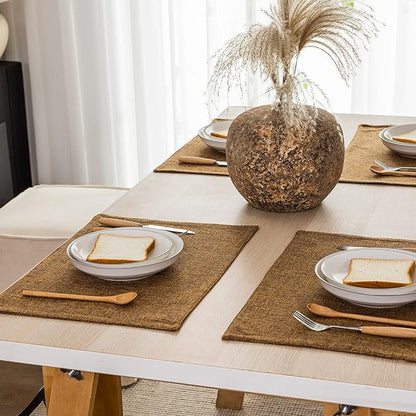 Kevin Textile Burlap Linen Placemats Set of 6 Heat Resistant Dining Table Place Mats Washable Kitchen Table Mats for Dinning Party Holiday Indoor Outdoor, 13 x19 inches, Hazel Brown