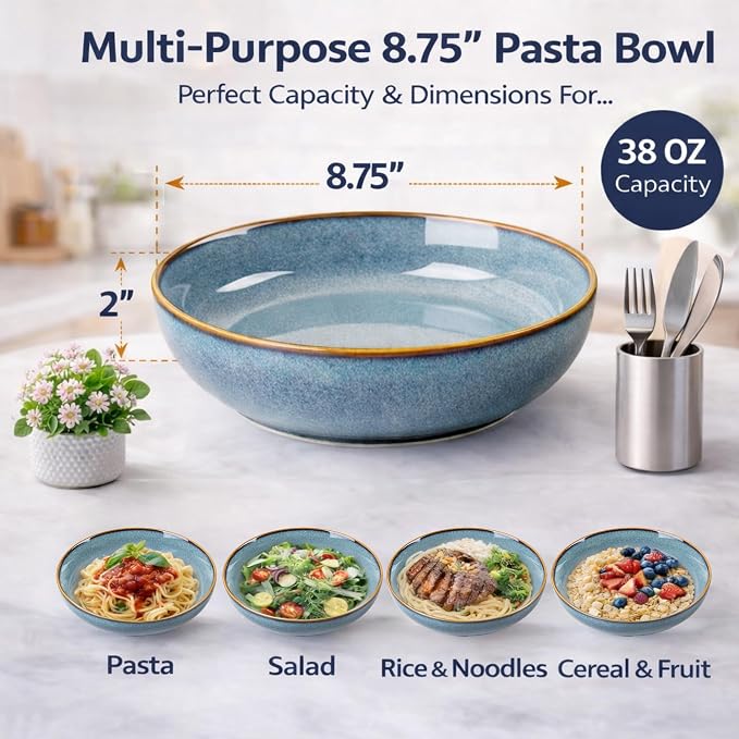 GBhome 8.75'' Large Ceramic Pasta Bowls, 38oz Stoneware Pasta Serving Bowls Set - Image 3