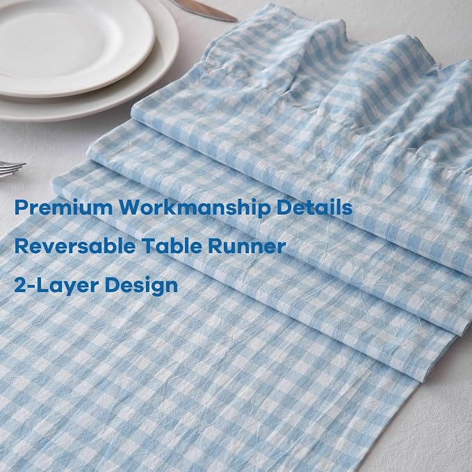 Light Blue White Plaid Gingham Ruffle Table Runner 120 inches Long 100% Washed - Image 5