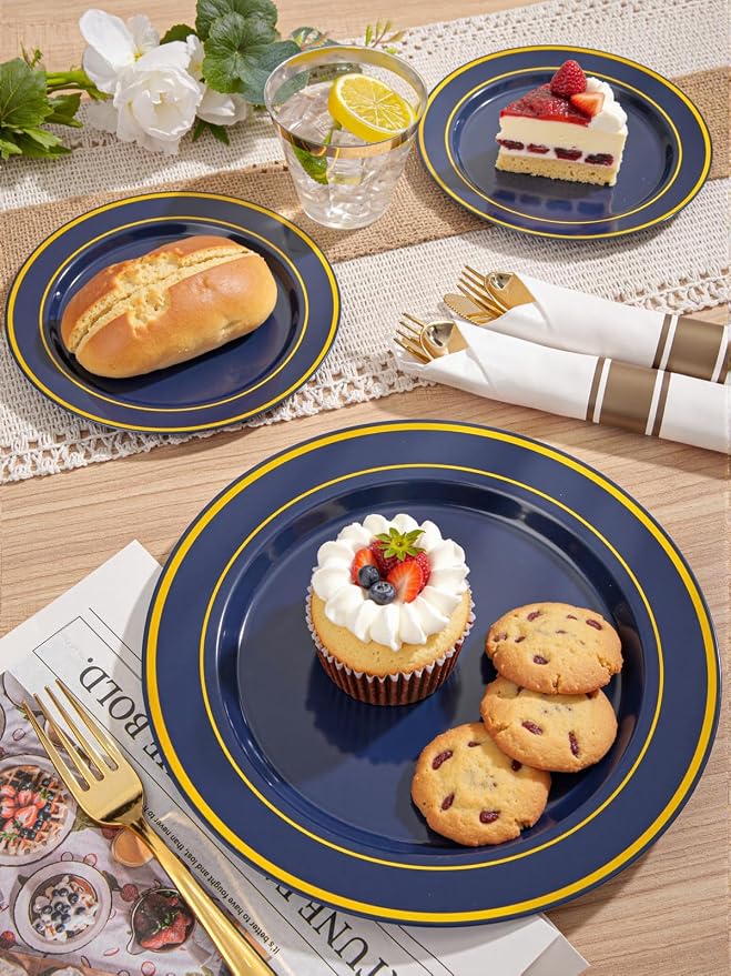 350PCS Navy Blue and Gold Plastic Plates - Image 2