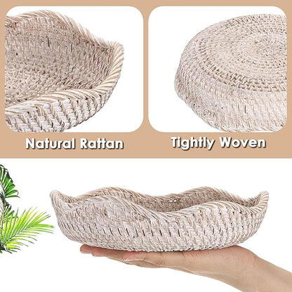 Hipiwe Decorative Key Tray Rattan Storage Bowl Food Serving Basket for Fruit Bread Candy Handwoven Basket Tray for Entryway Table Kitchen, Whitewash 8.6 Inch