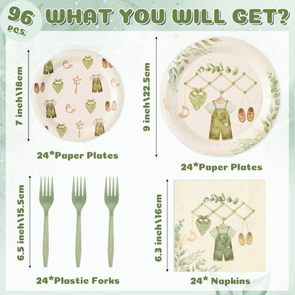 96Pcs Sage Green Eucalyptus Baby Shower Party Plates Supplies Greenery Leaves - Image 2
