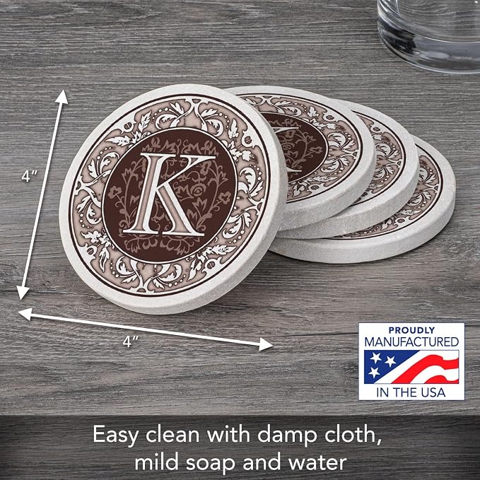 Thirstystone Monogram Round Natural Sandstone Coaster 4 Pack | 4" Diameter - Image 3