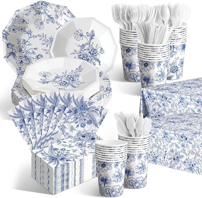 402 Pcs Blue Floral Disposable Tableware Set Serve 50 Baby Shower Party by Dandat