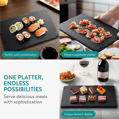 Navaris Slate Plates - Food Contact Safe Black Stone Plates - Charcuterie Boards Serving Plate - Stone Slate Slab Platter Cheese Board - Set of 4-15 x 11 (38 x 28 cm)