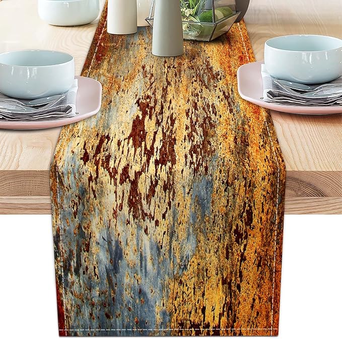 Brown and Orange Table Runner Inch Modern Abstract Messy Rust Painting Linen by AILUER