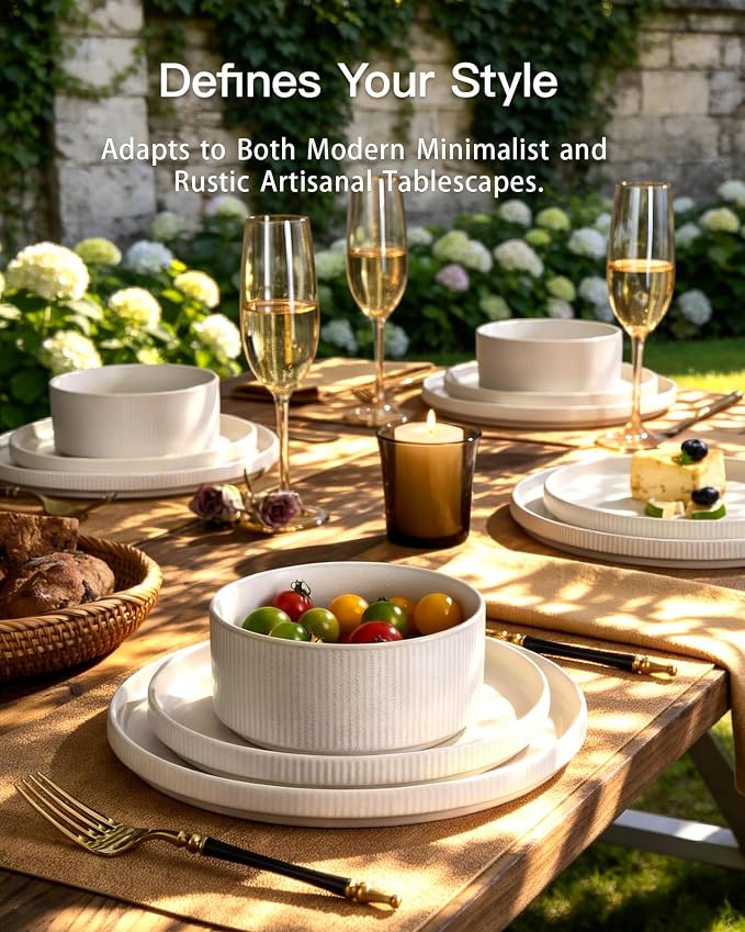 Stoneware Dinnerware Set for 4, Matte White Reactive Glaze | 12 pcs Ceramic - Image 2