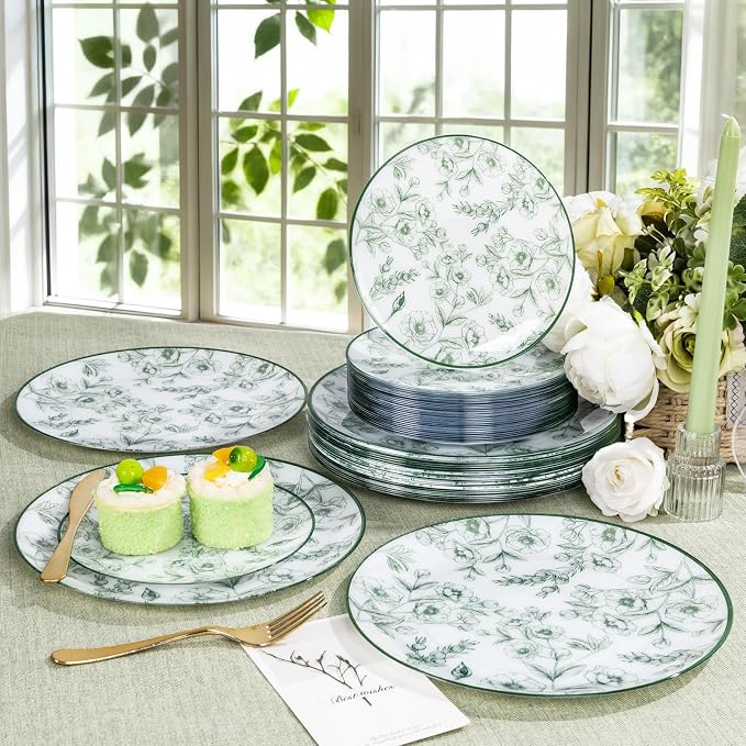 60PCS Green Floral Plastic Plates - Image 6