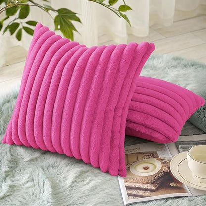 decorUhome Cozy Faux Fur Spring Throw Pillow Covers 16x16 Set of 2 Decorative Soft Plush Striped Modern Farmhouse Boho Couch Pillow Cases with Velvet Back for Sofa Bed Living Room, Hot Pink
