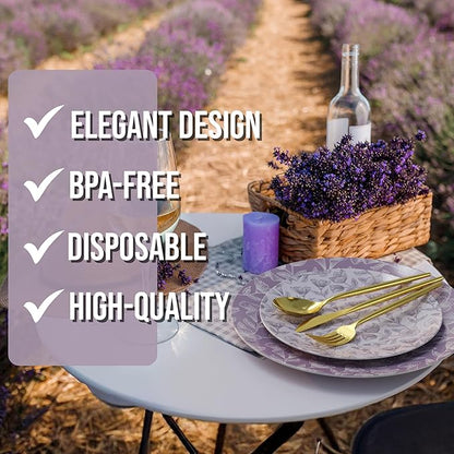 Trendables Fancy Plastic Dinnerware Sets 100 Pc 20 Guests Gold Silverware Disposable 20 X 10 Inch Charger Plates 20 X 8 Inch Dessert Plates 20 x Gold Plastic Forks and Spoons Knives In Blossom Circle
