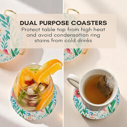 Ceramic Absorbent Floral Coasters Set of 6 with Holder, Drink Coasters for Coffee Table, Water-Absorbing Stone Coasters (Blossom)
