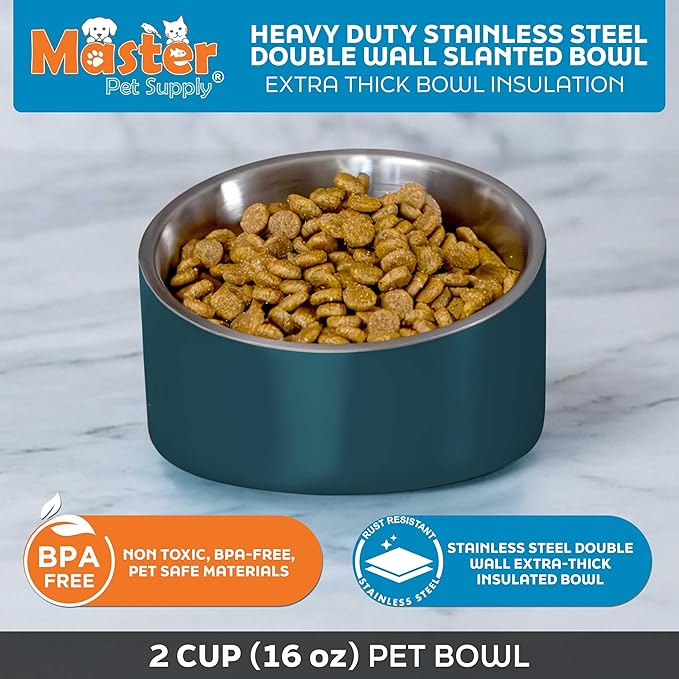 Master Pet Supply Stainless Steel Slanted Dog Cat Food Bowl - 16 oz Heavy Duty - Emerald Sea, Double Wall Insulated, Non-Slip Elevated Bowl for French Bulldogs Pugs Cats, Anti Rust Dishwasher Safe