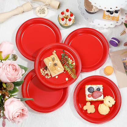 WELLIFE 7 Inch Red Dessert Plates 150 Count, Red Plastic Disposable Party Plates for Dessert Cake Appetizers Salad Easter Mother's Day