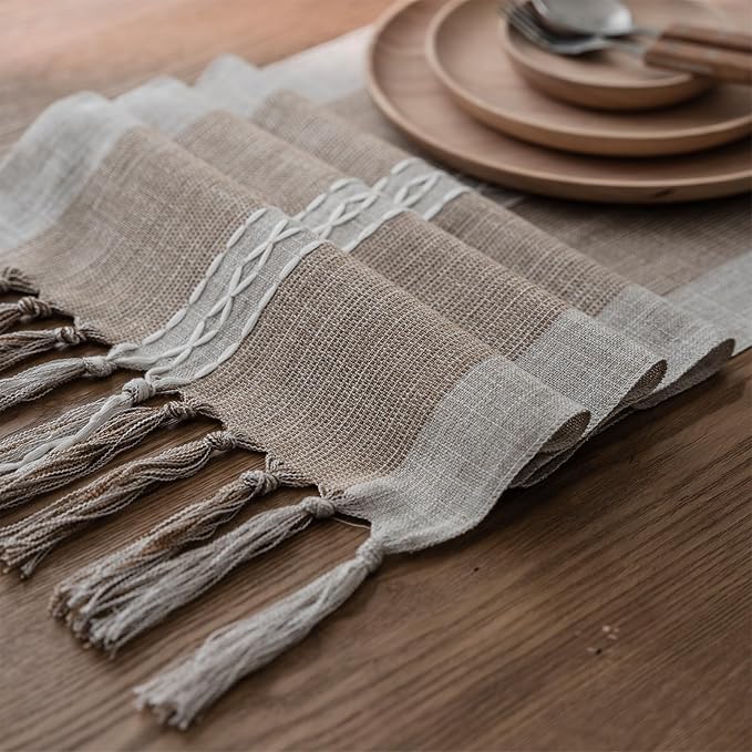Farmhouse Table Runner, Embroidered Striped Braided Coffee Boho Table Runner by Niviy