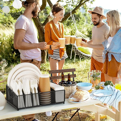 Large Paper Plate and Silverware Caddy for Kitchen Countertop Party Picnic Camping Buffet, Utensil Holder Flatware Organizer for Paper Plate Cup Napkin Plastic Cutlery, Black