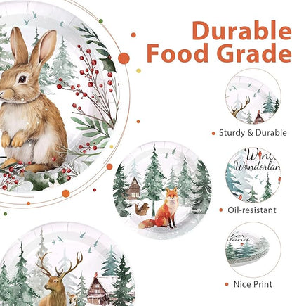 60Pcs Winter Woodland Animals Disposable Paper Plates 9” Winter Wonderland Heavy Duty Paper Plates with Bunny Fox Deer Patterns for Christmas Holiday Party Supplies Decorations