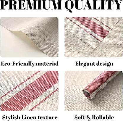 Placemats Set of 8 Vinyl/Plastic Woven Place Mats for Kitchen Table Indoor/Outdoor Washable Placemat Wipeable Dining Table Mats (Khaki Red,8)