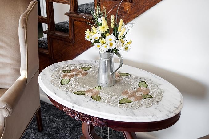 LINENS ART AND THINGS Embroidered Table Runner Gold Daisy Fleur Latte Dresser - Image 2