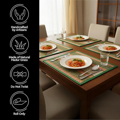 Encasa XO Woven Green Placemats Set of 4 – 12" x 17" | Handwoven Madurkathi Grass Table mats for Dining Table, Kitchen & Outdoor Decor | Durable & Heat‑Resistant