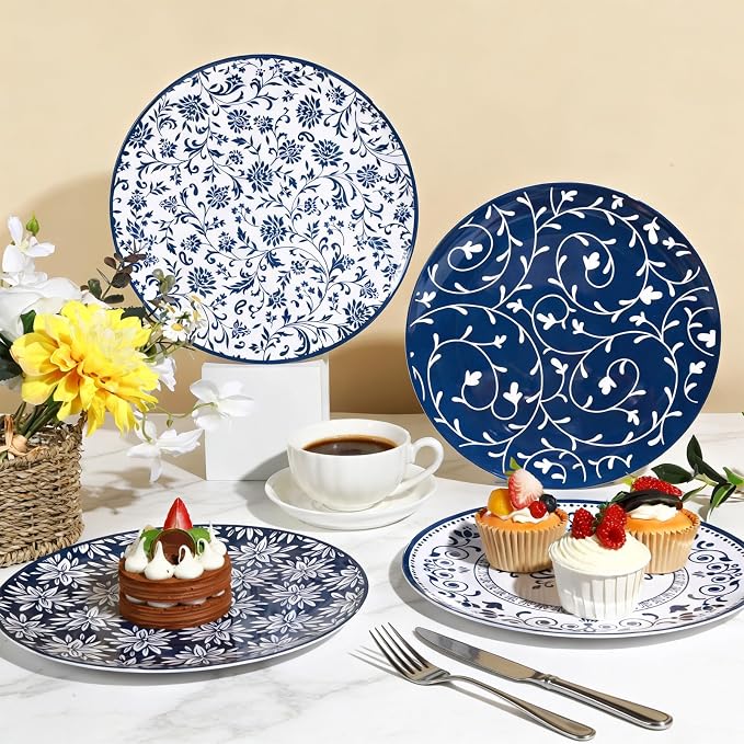 4 Set 10 Inch Blue White Porcelain Dinner Plates Melamine Blue White Floral - Image 4