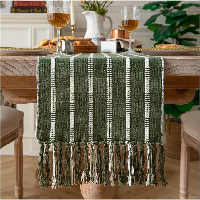 Caflife Boho Table Runner 72 Inchs Long Green, Cotton and Linen Woven by Caflife