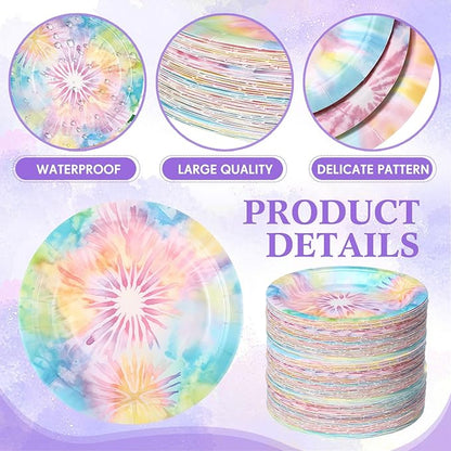 60 Pcs 7 Inch Pastel Tie Dye Birthday Party Plates Vibrant Paper Plates Colorful Party Disposable Dinnerware Decoration for Dinner Celebration Baby Shower Birthday Supplies