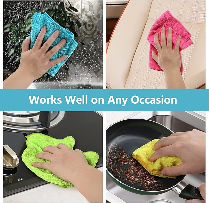 HOMEXCEL Microfiber Cleaning Cloth, 24 Pack Cleaning Rags, Cleaning Towels with 4 Color Assorted, 11.5"X11.5"(Green/Blue/Yellow/Pink)