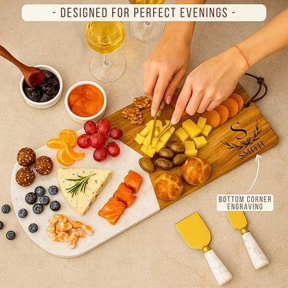 Personalized Charcuterie Board Gift Set – Custom Acacia & Marble Cheese Board with Utensils, Wedding, Housewarming, Couples, Bridal Shower, Engagement, Women, Men, Valentines Day Gifts for Her, Him