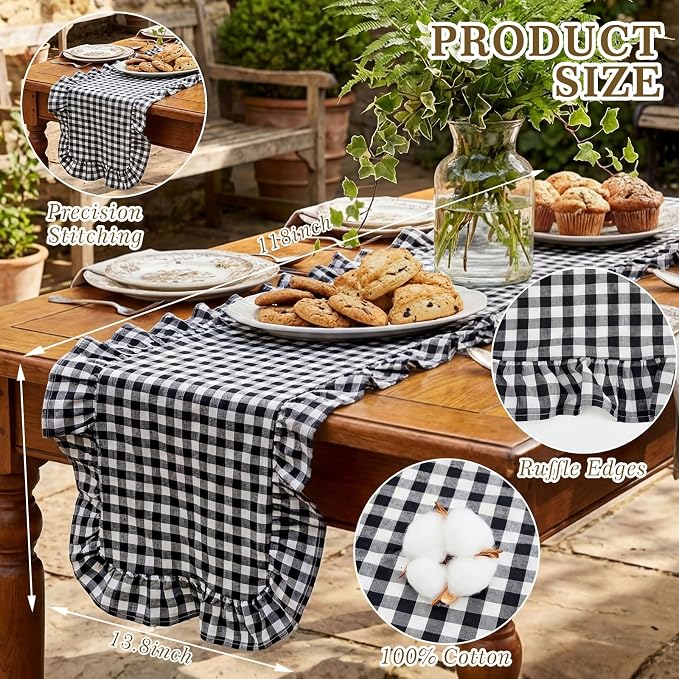 HunnmingRe 1 Pc Gingham Table Runner White and Black, 118 X 13.8 Inch | Cotton - Image 2