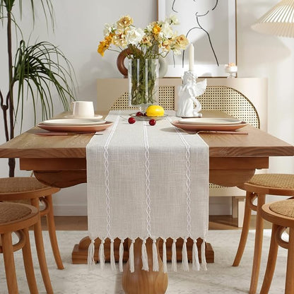 Wracra Rustic Linen Table Runner, Ivory Table Runners 90 inches Long | Raised - Image 5