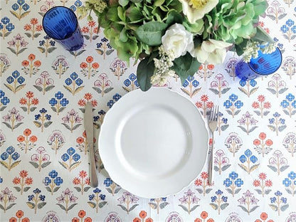 ATOSII Flora Bloom 100% Cotton Rectangle Summer Tablecloth, Block Print Floral Table Cloth for Dining Parties Wedding Outdoors I Grand Millennial Home Decor 60 X 90 Inches I 6 Seater I Memorial Day