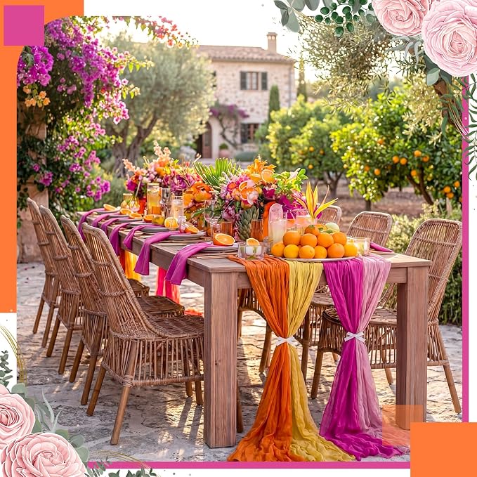 12 Pcs Pink and Orange Cheesecloth Gauze Table Runners | Sunset Soiree Party - Image 5