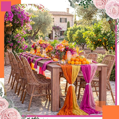 12 Pcs Pink and Orange Cheesecloth Gauze Table Runners | Sunset Soiree Party - Image 5