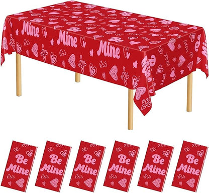 QZYL 6 Pcs Valentines Tablecloth, 54" X 108" Pink Love Heart Plastic Table Cover, Valentines Disposable Rectangle Table Cloth, Valentine's Decorations for Love Wedding Engagement Anniversary Party