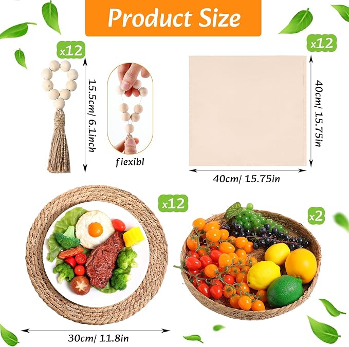 12 Sets Boho Decoration Placemats Round Woven Placemats, Cloth Napkins - Image 2