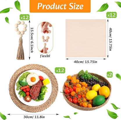 12 Sets Boho Decoration Placemats Round Woven Placemats, Cloth Napkins - Image 2