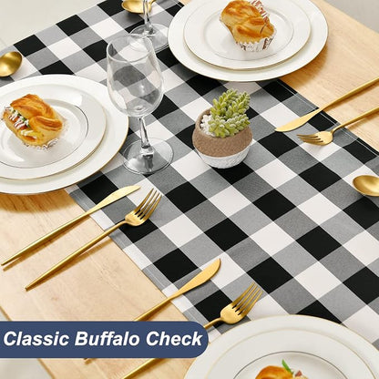 Buffalo Plaid Table Runner Black and White 14W x 108L, 1 Piece | Waterproof - Image 2